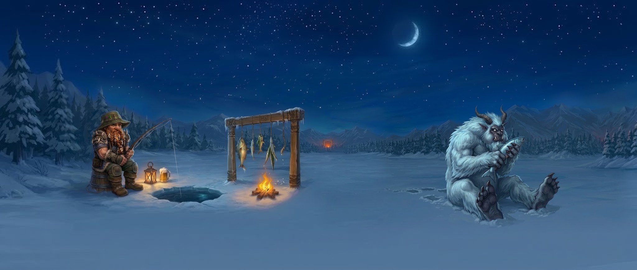 A dwarf ice-fishing at night on a frozen lake in Dun Morogh. Across the ice, a wendigo sits eating a fish it took from the rack.